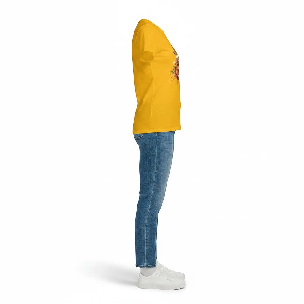 Side view of a Seaside Custom Apparel & Gifts yellow Bee Yourself graphic tee paired with blue jeans and white sneakers